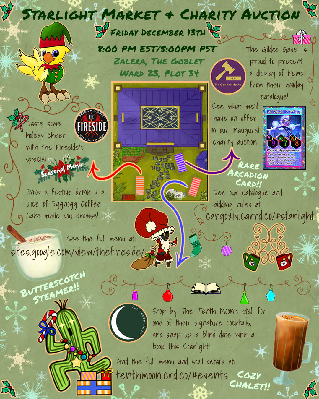 An advertisement for the Starlight Market and Charity Auction with a map of the Gilded Gavel's front yard
